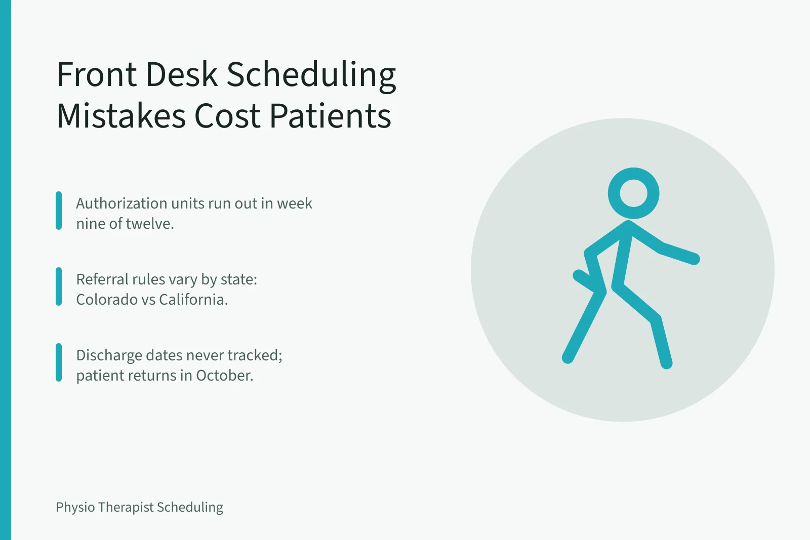 Card listing physical therapy front desk scheduling mistakes that cost patients. Physical Therapy Front Desk Scheduling Mistakes That Cost You Patients