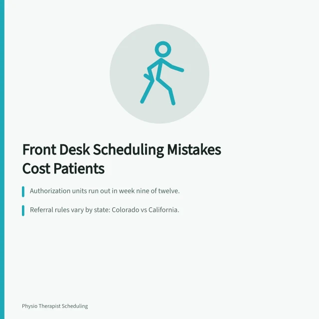 Card listing physical therapy front desk scheduling mistakes that cost patients. Physical Therapy Front Desk Scheduling Mistakes That Cost You Patients