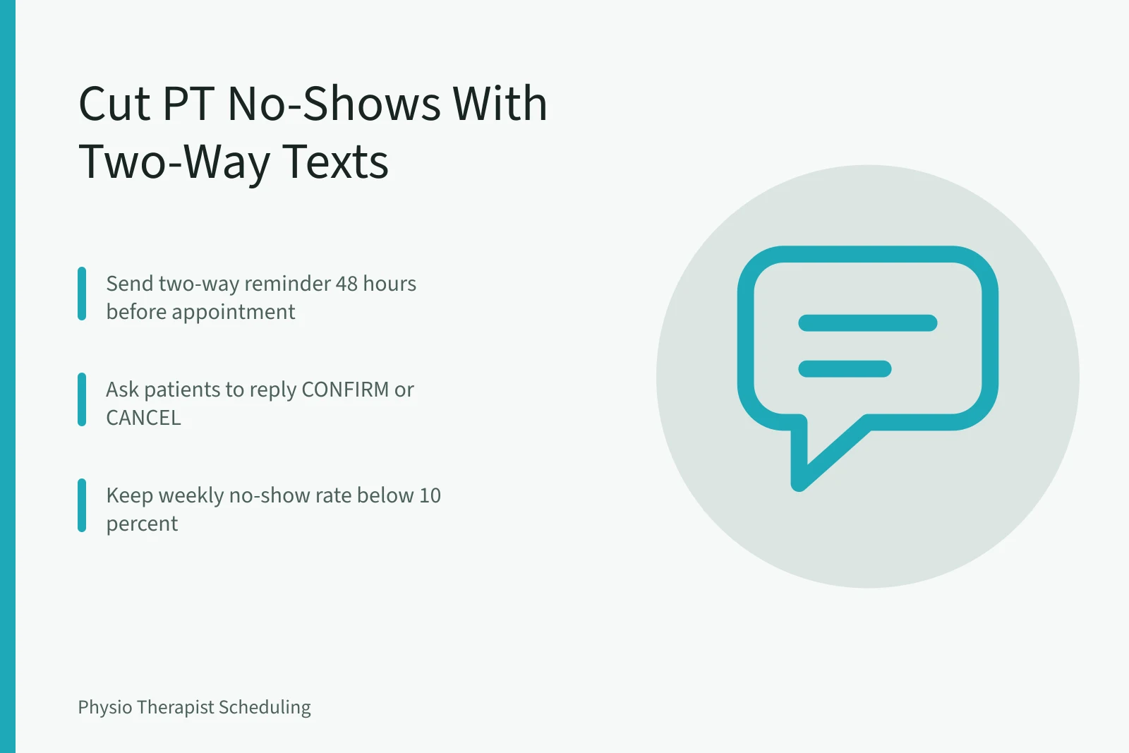 Card about reducing physical therapy no-shows with two-way text reminders. How to Reduce Physical Therapy No-Shows Without Overbooking