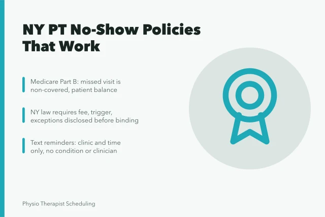 Card summarizing New York physical therapy no-show policy rules and billing limits. New York physical therapy no-show policies that work with insurance rules