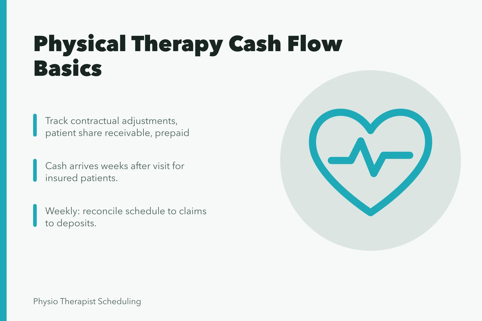 Physical therapy cash flow basics card with ledger lines and weekly routine. Physical therapy cash flow basics for owners who hate spreadsheets