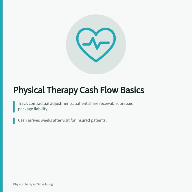 Physical therapy cash flow basics card with ledger lines and weekly routine. Physical therapy cash flow basics for owners who hate spreadsheets