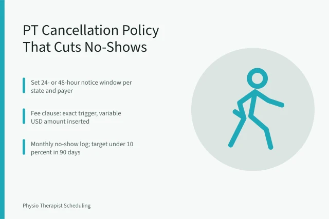 Card outlining physical therapy cancellation policy steps and no-show fee wording. Physical Therapy Cancellation Policy: A Template That Reduces No-Shows