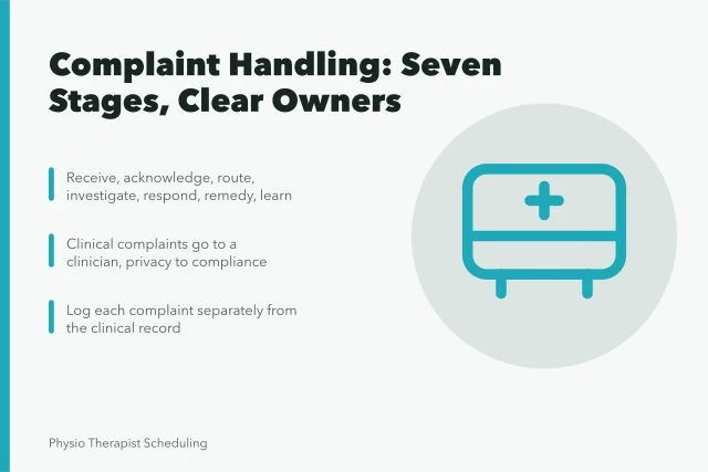 Card outlining seven stages of physical therapy complaint handling and routing. Physical therapy complaint handling, tested against experience