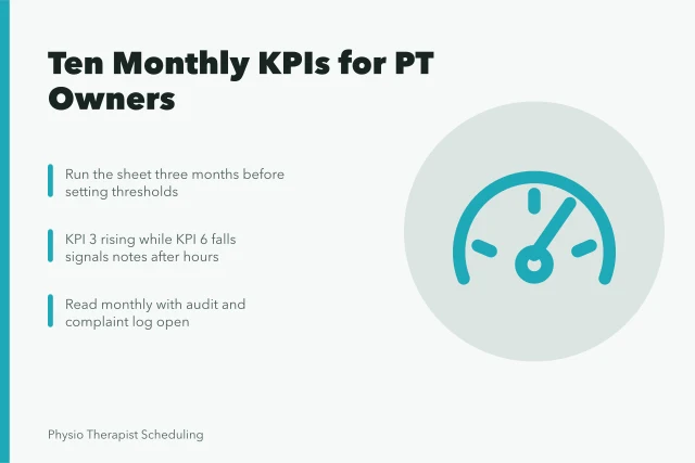 KPI tracking sheet for physical therapy practice owners. What to measure every month in a physical therapy business for owner-operators