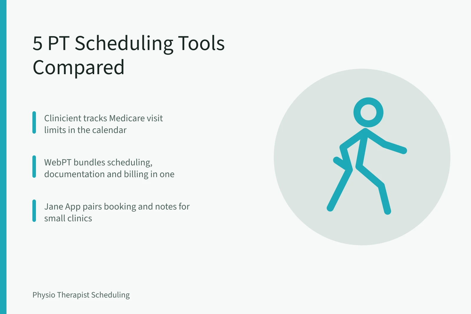 Comparison card of five physical therapy scheduling software tools for clinics. Physical Therapy Scheduling Software: Compare 5 Tools for Independent Clinics
