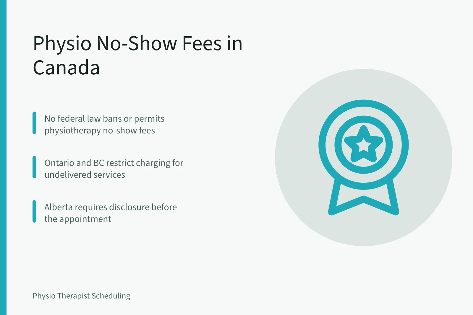 Card explaining Canadian physiotherapy no-show fee rules by province. Can Physiotherapy Clinics in Canada Charge No-Show Fees?