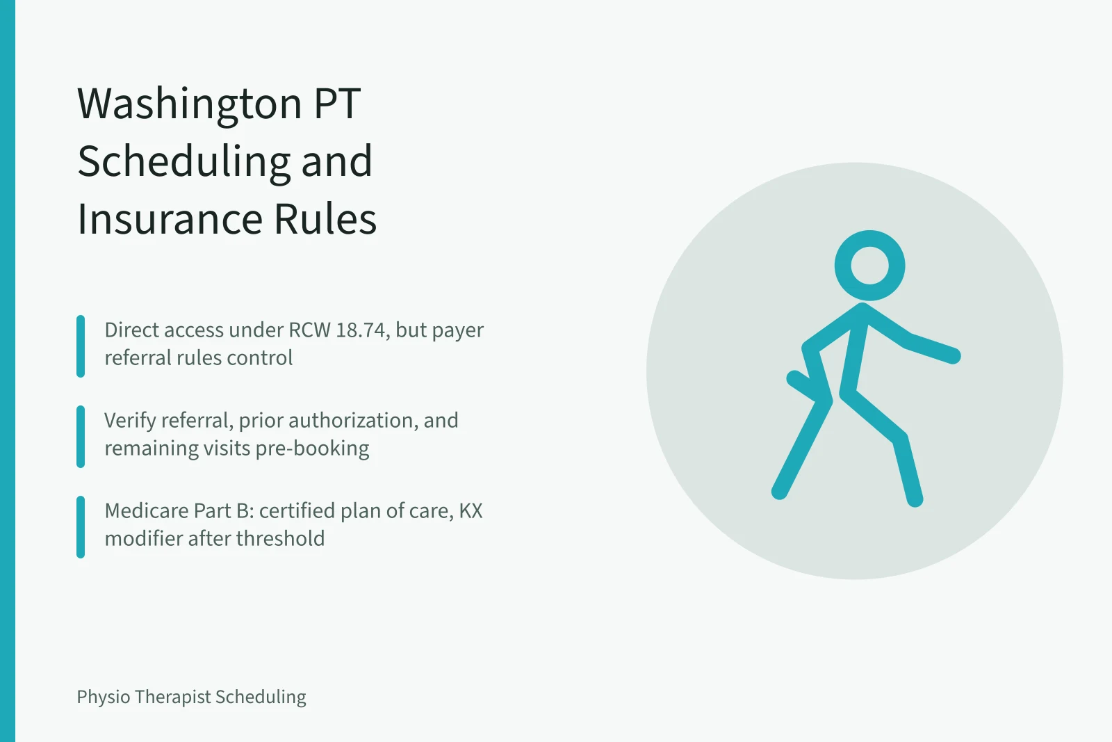 Scheduling card showing Washington physical therapy insurance verification rules and visit caps. Washington State Physical Therapy Scheduling: Insurance Rules and Self-Booking