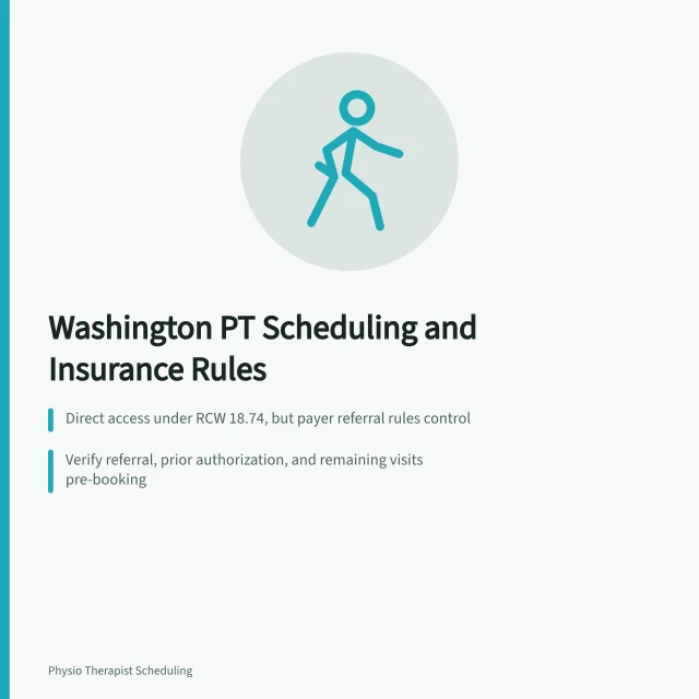Scheduling card showing Washington physical therapy insurance verification rules and visit caps. Washington State Physical Therapy Scheduling: Insurance Rules and Self-Booking