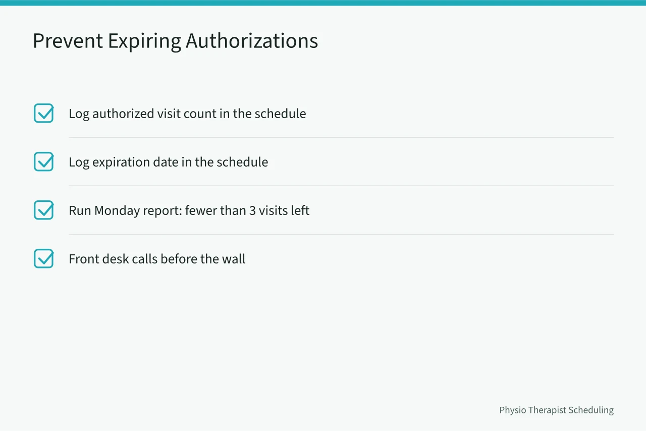 Checklist for logging authorization visits and running a Monday expiring-visits report (Physical Therapy Front Desk Scheduling Mistakes That Cost You Patients)