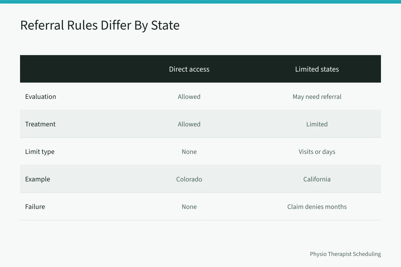 Comparison of direct access and limited referral rules for physical therapy intake (Physical Therapy Front Desk Scheduling Mistakes That Cost You Patients)