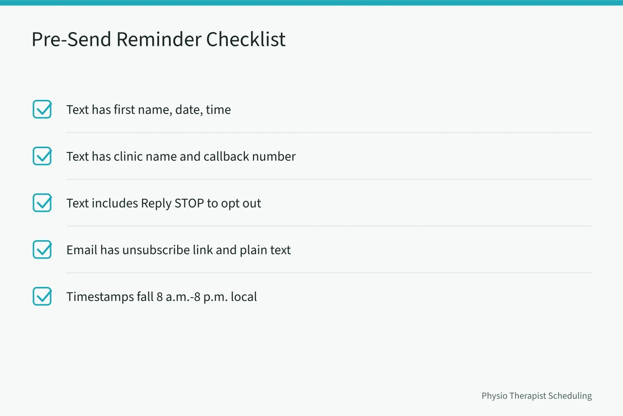 Five-item checklist to verify reminder texts and emails before sending (Physical Therapy Appointment Reminders: Text and Email Samples That Work)