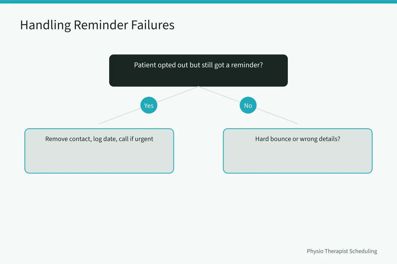 Decision flow for opt-outs, hard bounces, and wrong-patient reminder details (Physical Therapy Appointment Reminders: Text and Email Samples That Work)