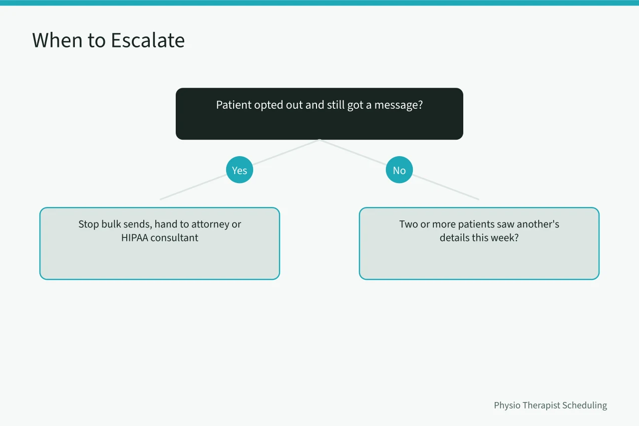 Decision flow showing when to stop bulk reminders and escalate to a professional (Physical Therapy Appointment Reminders: Text and Email Samples That Work)