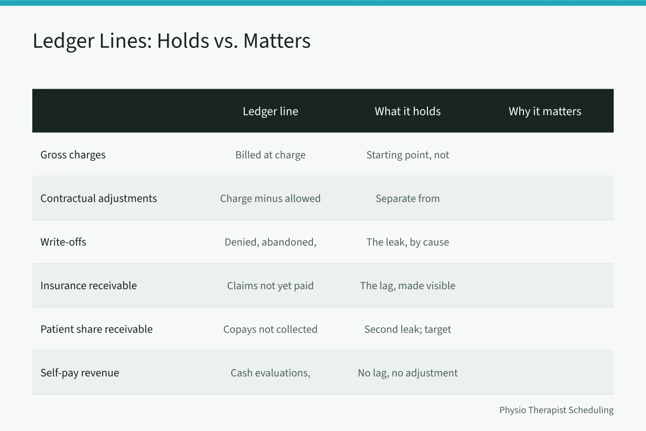 Comparison table of eight physical therapy clinic ledger lines and their purposes (Physical therapy cash flow basics for owners who hate spreadsheets)