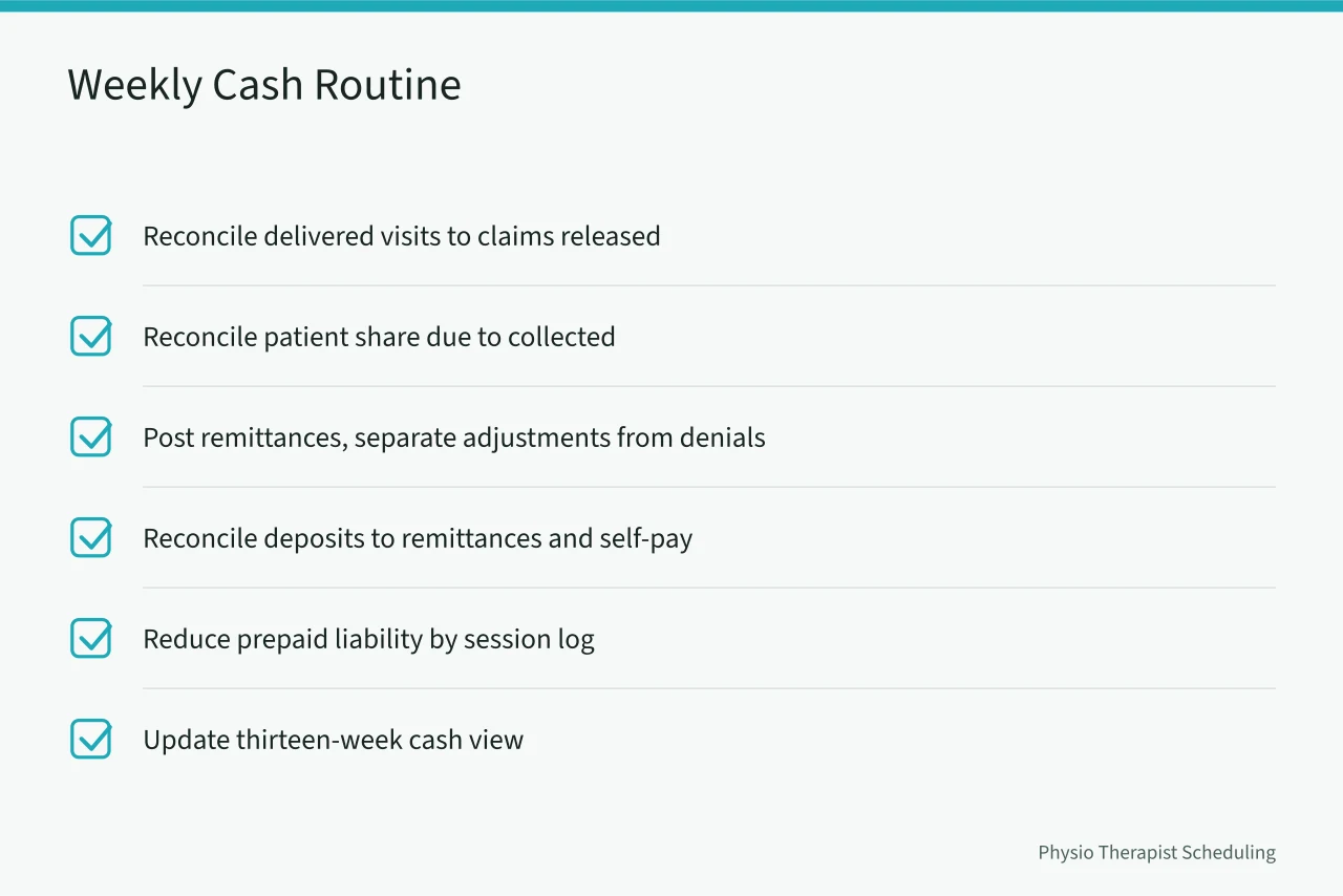 Six-item weekly reconciliation checklist for a physical therapy clinic's cash routine (Physical therapy cash flow basics for owners who hate spreadsheets)