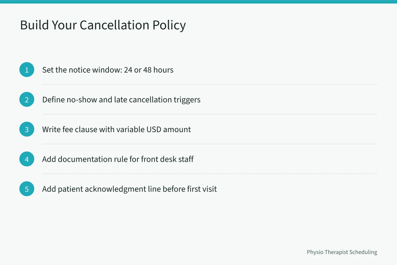 Five-step sequence for building a physical therapy cancellation policy (Physical Therapy Cancellation Policy: A Template That Reduces No-Shows)