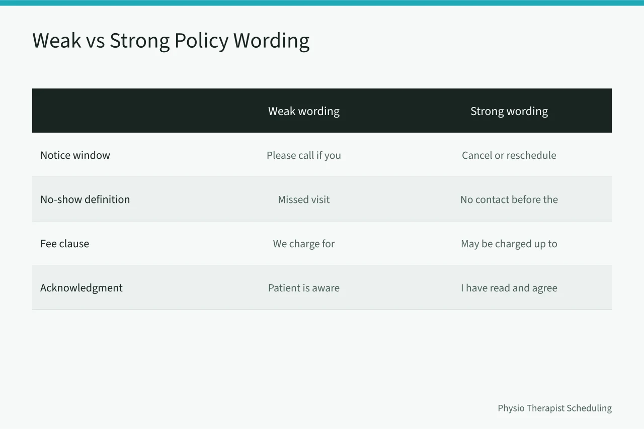 Comparison table of weak versus strong cancellation policy wording (Physical Therapy Cancellation Policy: A Template That Reduces No-Shows)