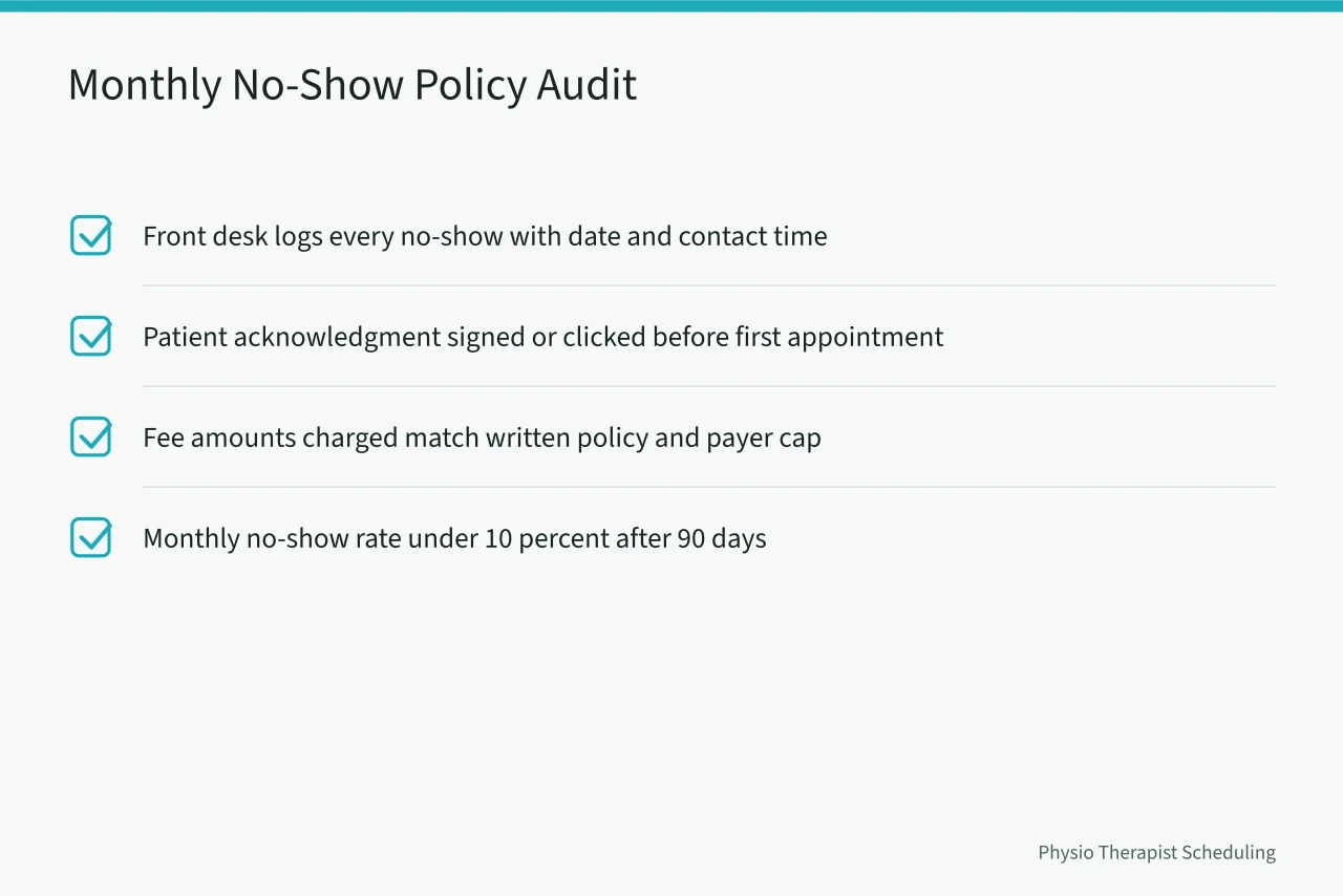 Checklist for auditing cancellation policy compliance each month (Physical Therapy Cancellation Policy: A Template That Reduces No-Shows)
