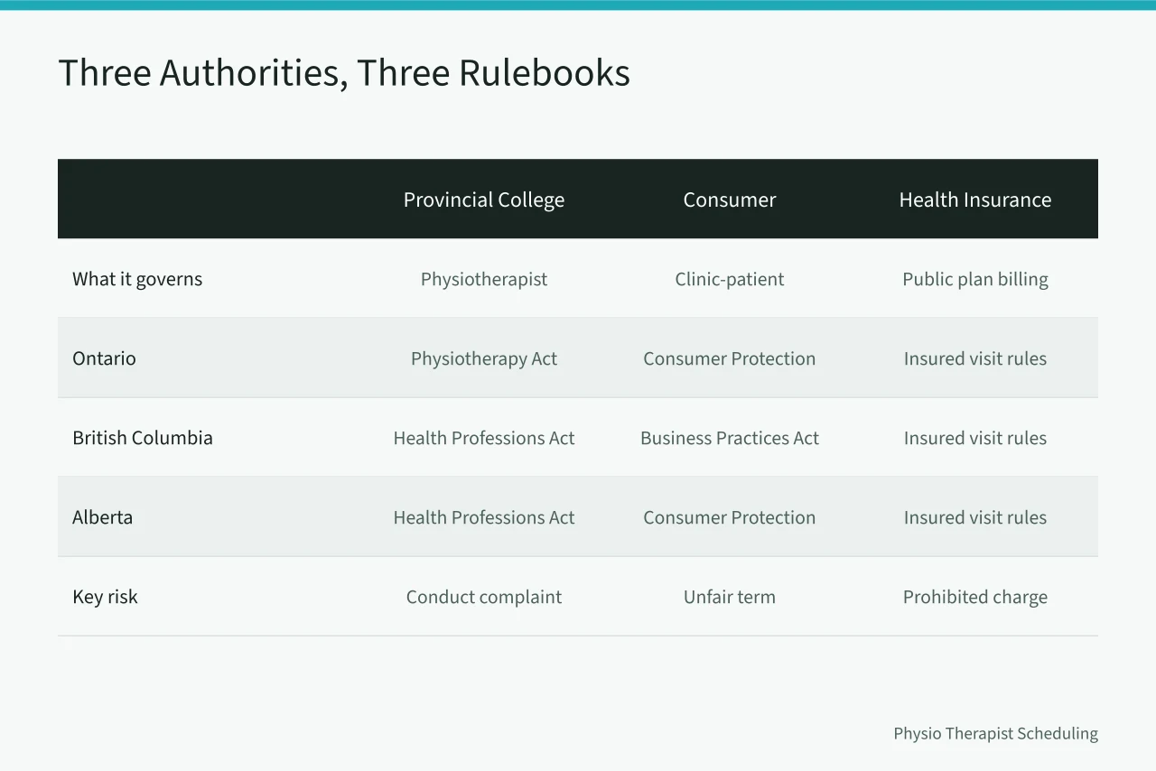 Table comparing college, consumer protection and health insurance authority by province (Can Physiotherapy Clinics in Canada Charge No-Show Fees?)