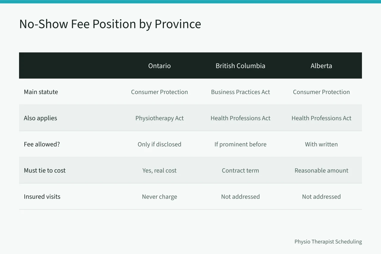 Comparison table of no-show fee rules in Ontario, British Columbia and Alberta (Can Physiotherapy Clinics in Canada Charge No-Show Fees?)