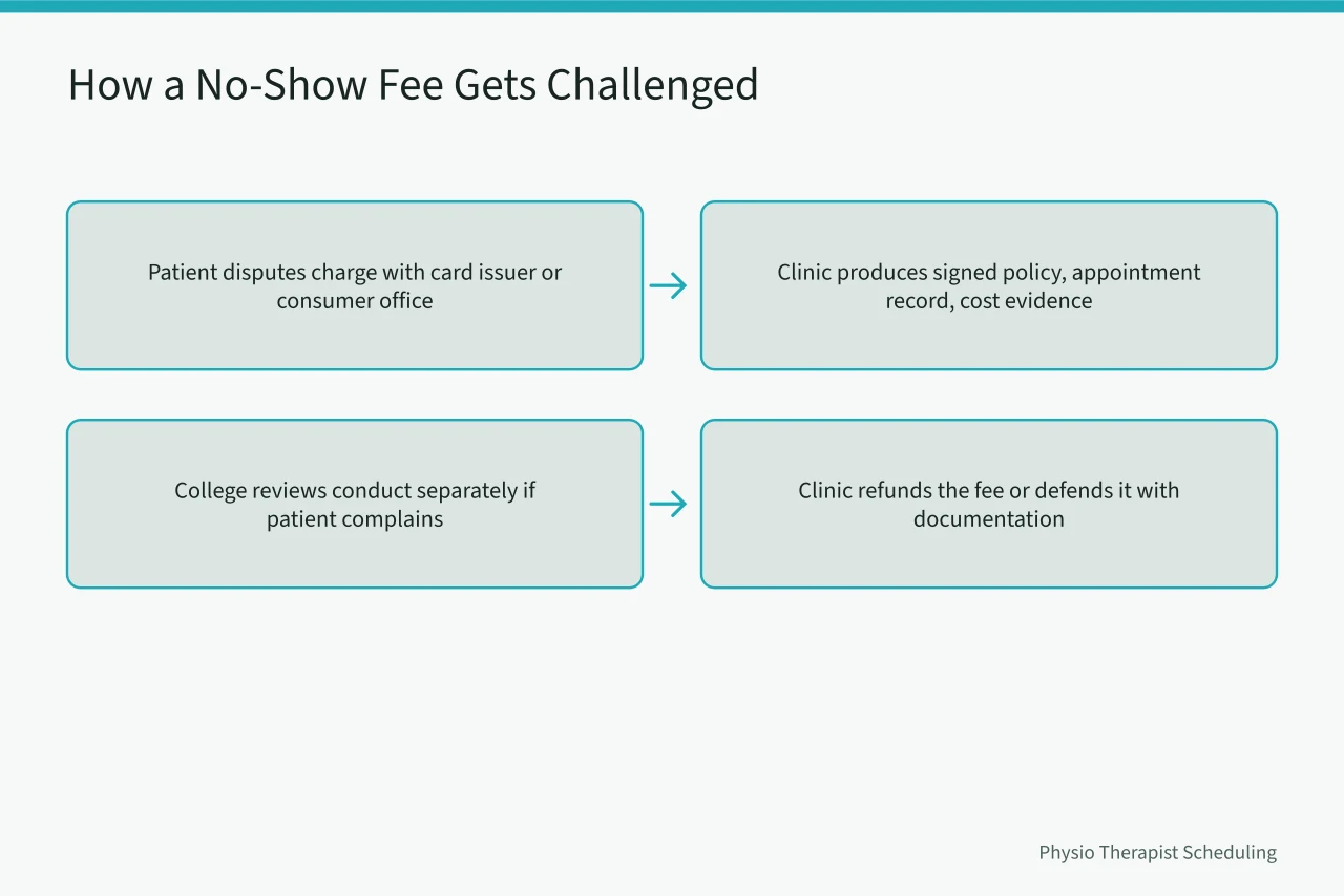 Flow chart of the four-step retrospective approval and enforcement process (Can Physiotherapy Clinics in Canada Charge No-Show Fees?)